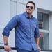 Men's Clothing Elastic Denim Long Sleeved Shirt Fat Guy Spring And Autumn New Casual Fashion Multi Pocket Shirt_mkmklike.com