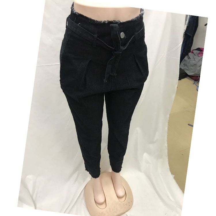 Women's Clothing Drawstring Elastic Waist Ripped Denim Trousers Casual Pants For Women_mkmklike.com