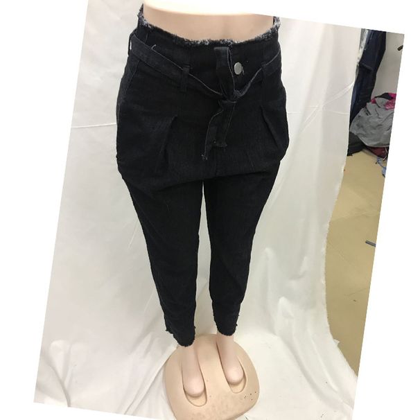 Women's Clothing Drawstring Elastic Waist Ripped Denim Trousers Casual Pants For Women_mkmklike.com