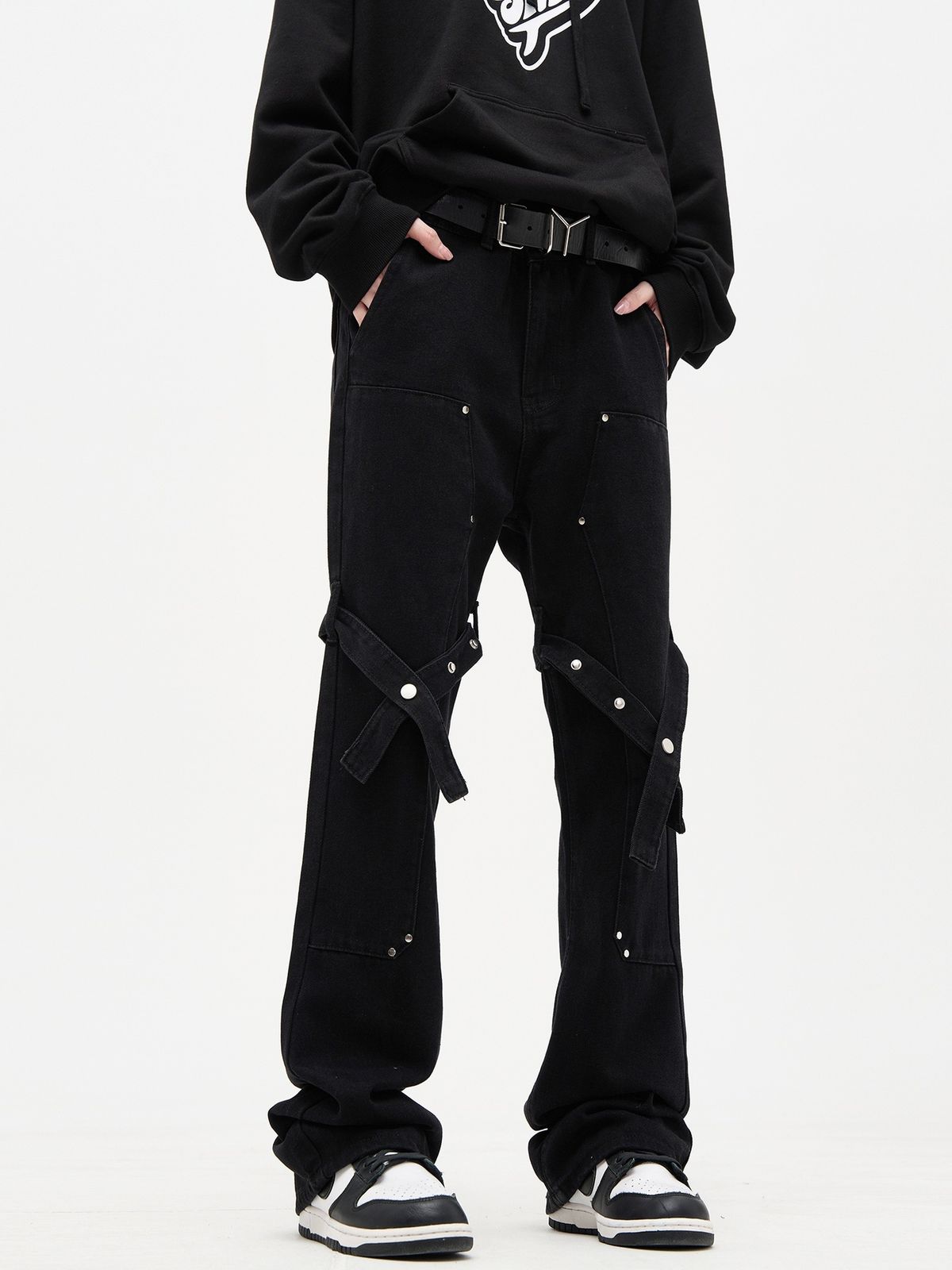 Unisex High Street Style Flared Straight Leg Jeans with Laces Black Casual Cargo Pants for Men And Women Instagram Inspired_mkmklike.com