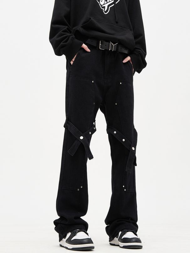 Unisex High Street Style Flared Straight Leg Jeans with Laces Black Casual Cargo Pants for Men And Women Instagram Inspired_mkmklike.com