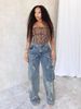 "Edgy Patchwork Jeans With Star Embellishments & Frayed Hem – Vintage Blue Loose Straight Leg Denim For Streetwear"_mkmklike.com