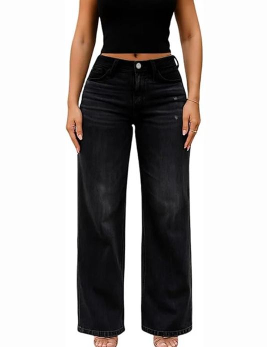 Women's Relaxed Straight Leg Jeans – Loose Fit Wide Leg Denim Pants, High Stretch, Vintage Wash (Dark Blue/Light Blue/Black/White)_mkmklike.com