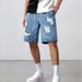 Men's Clothing Summer thin loose simple casual shorts men's retro washed elastic waist ripped straight denim shorts_mkmklike.com