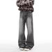 Men's Smoky Gray Distressed Denim Jeans Slightly Flared Loose Straight Leg Autumn Fashion High Street_mkmklike.com