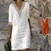 Women's solid color V-neck mid-sleeve cotton and linen casual dress_mkmklike.com