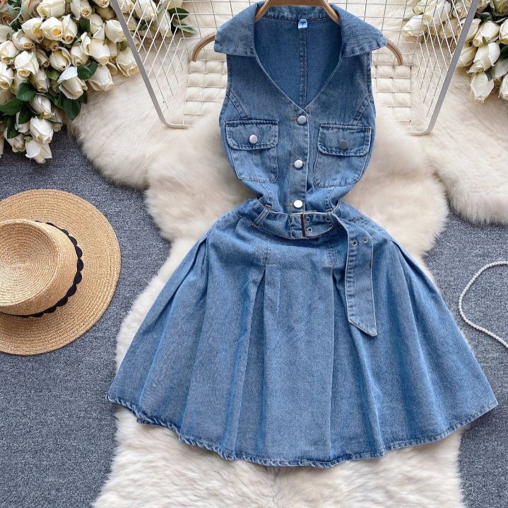 Women's Clothing Summer New Style Temperament V Neck Buttoned Belt Waist Slimming Pleated A Line Skirt Slim Short Denim Dress_mkmklike.com
