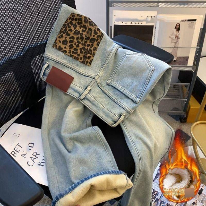 High-Waisted Flared Leopard-Print Jeans – Winter Fleece-Lined Wide-Leg Pants For Women (S-XXL, Non-Stretch, Blue Denim, Office & Casual Wear)_mkmklike.com