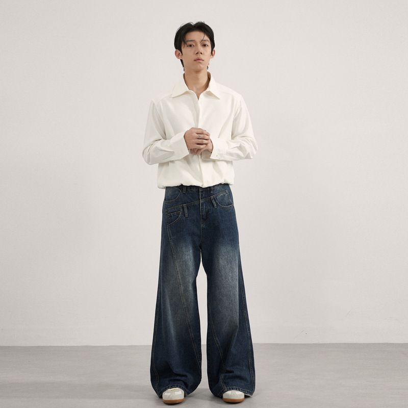 Men's Clothing Irregular Deconstructed A-Line Jeans Slimming Design Streetwear Fashion Denim For Men And Women_mkmklike.com