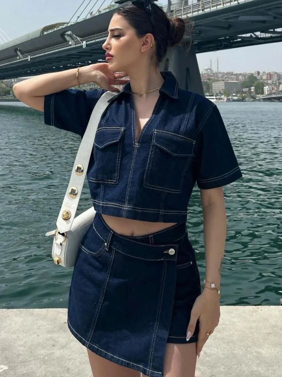 European And American Cargo Denim Suit Two Piece Skirt Set Women's Summer V-neck Short-sleeved Top Summer Female Spice Girl High Waist Irregular Skirt_mkmklike.com