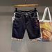 Men's Stretch Denim Shorts With Embroidered Detailing – Mid-Length Relaxed Fit Casual Summer Shorts In Dark Blue_mkmklike.com