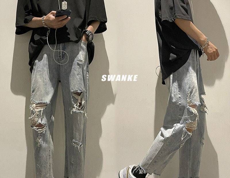 Vintage Straight Leg Distressed Denim Jeans For Men, High Street Fashion Ripped Nine-Part Pants, Trendy Streetwear_mkmklike.com