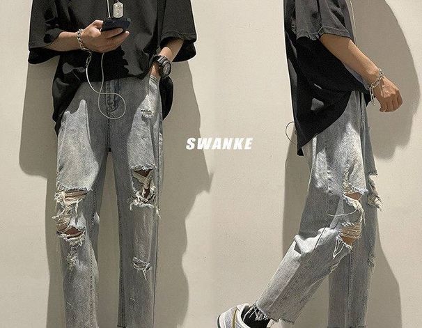 Vintage Straight Leg Distressed Denim Jeans For Men, High Street Fashion Ripped Nine-Part Pants, Trendy Streetwear_mkmklike.com