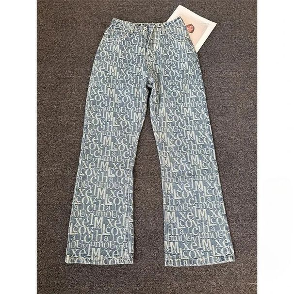 Men’s Letter Jacquard Jeans – Vintage Straight-Leg Denim Pants With Subtle Flare, Mid-Rise Cotton Blend For Streetwear & Casual (S-3XL, Washed Blue)_mkmklike.com