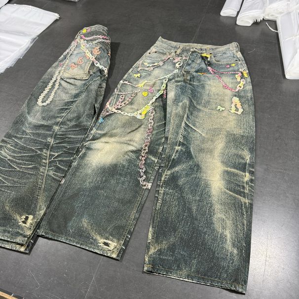 Streetwear Digital Print Jeans – Loose Straight-Leg High Waist Denim Pants With Candy Chain Accents_mkmklike.com