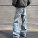 Men's High Street Hip Hop Loose Straight Leg Jeans Retro Washed Casual Lightning Bolt Embroidered American Niche Denim_mkmklike.com