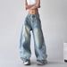 Vintage Washed Light Blue Flared Jeans For Women - Retro American Hip Hop Street Style Wide Leg Trousers_mkmklike.com