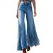 Women's Clothing Fringe Hem Raw Edge Distressed Denim Pants For Women - High Waisted Straight Leg Boho Chic Trousers With Asymmetrical Design_mkmklike.com