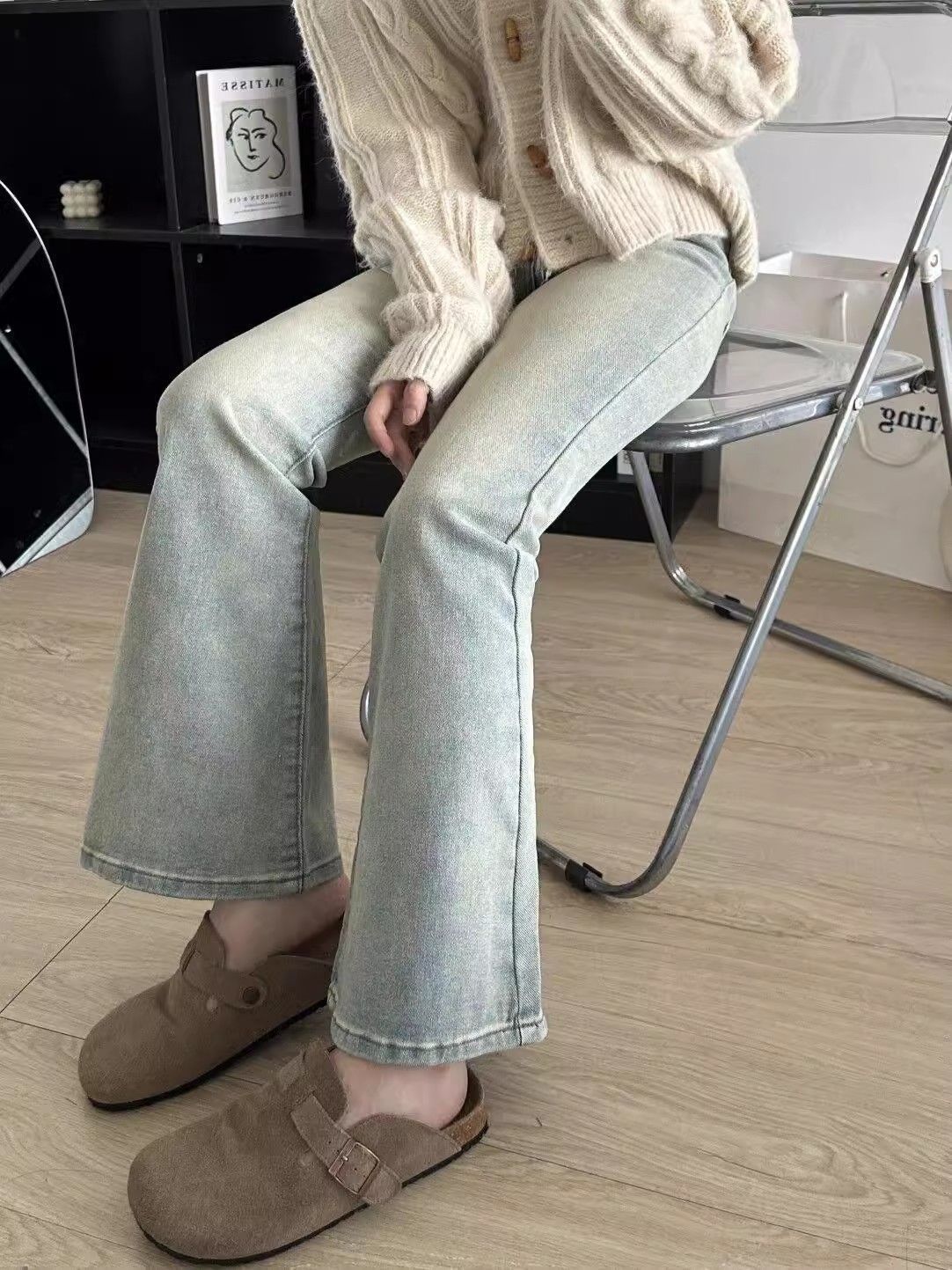 American Retro Style Hot Girl Butt-lifting Micro-flare Jeans For Women, High-waisted Slimming Floor-length Pants,_mkmklike.com