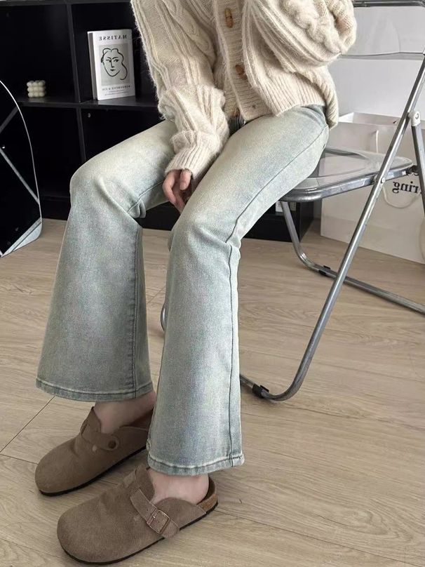 American Retro Style Hot Girl Butt-lifting Micro-flare Jeans For Women, High-waisted Slimming Floor-length Pants,_mkmklike.com