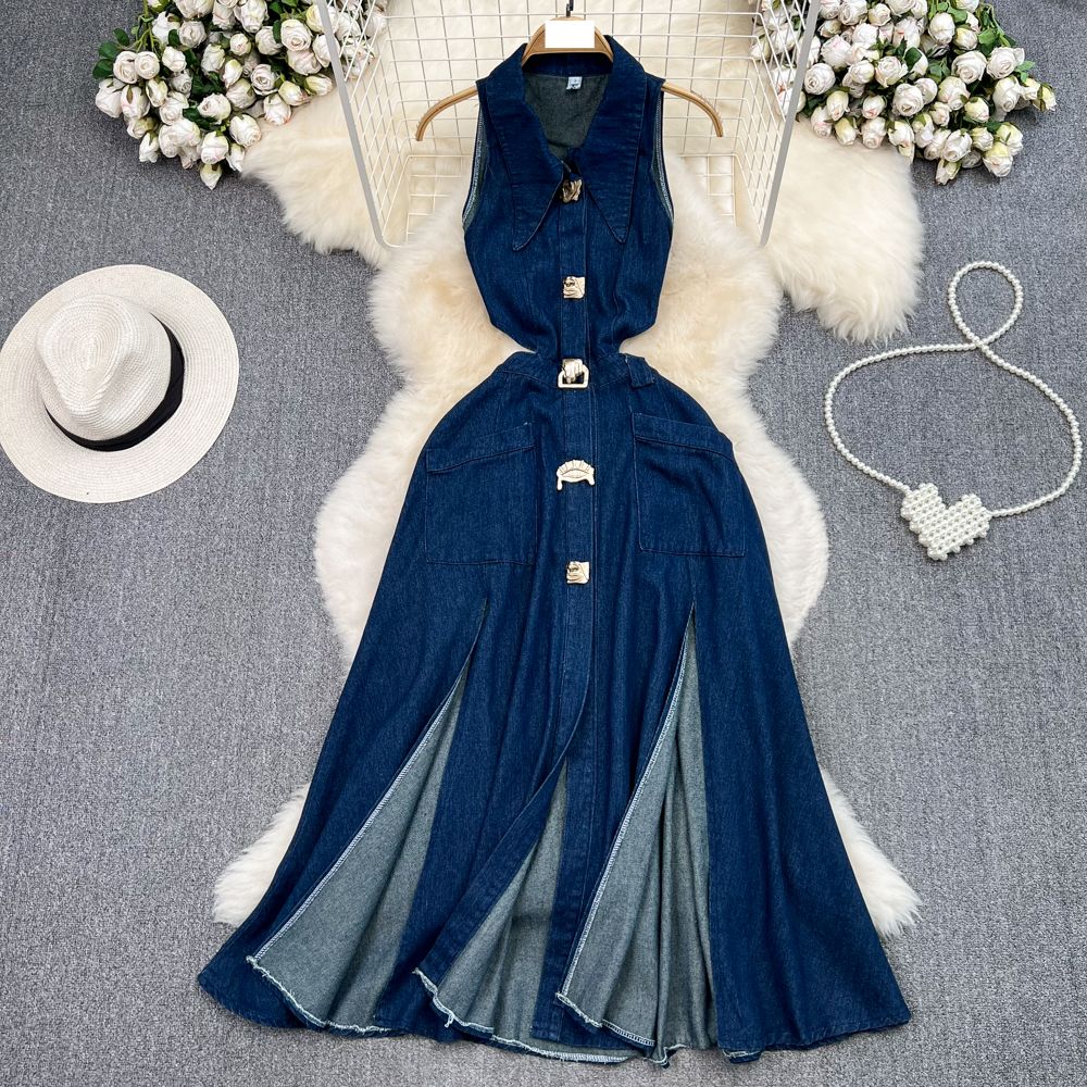 Women's Clothing Retro lapel hollow waist exposed waist slimming sleeveless single-breasted A-line slit denim dress casual long skirt_mkmklike.com
