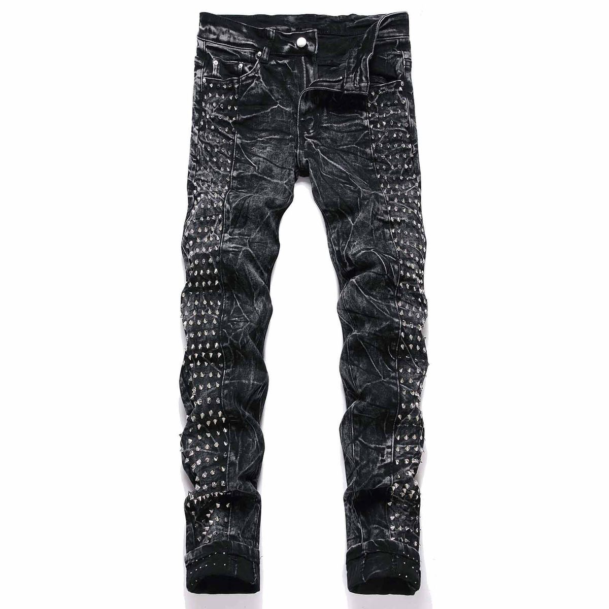 Vintage Punk High Street Slim Fit Distressed Studded Men's Jeans, Black Denim Pants For Teen Boys, Cotton Stretch Skinny Straight Leg Trousers_mkmklike.com