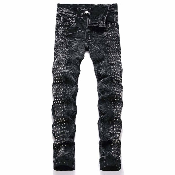 Vintage Punk High Street Slim Fit Distressed Studded Men's Jeans, Black Denim Pants For Teen Boys, Cotton Stretch Skinny Straight Leg Trousers_mkmklike.com