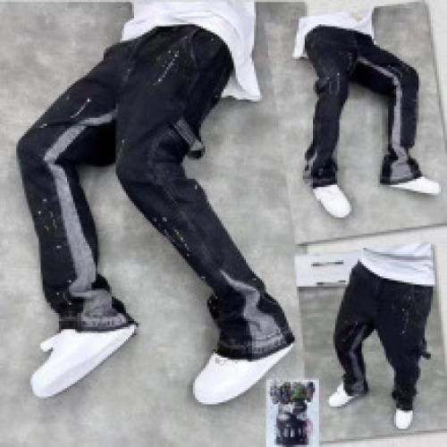 Men's High Street Trendy Splashed Ink Micro Flared Jeans Retro Vibe Loose Straight Casual Mopping Trousers_mkmklike.com