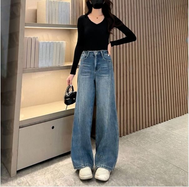 Spring Summer New Wide-Leg Jeans Blue Design High Waist Scimitar Loose Slimming Floor-Length Pants For Women_mkmklike.com