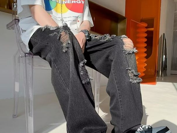 Men's Clothing American High Street Ripped Jeans Men Summer Hong Kong Style Trend Straight Trousers Ins Trendy Street Beggar Pants_mkmklike.com