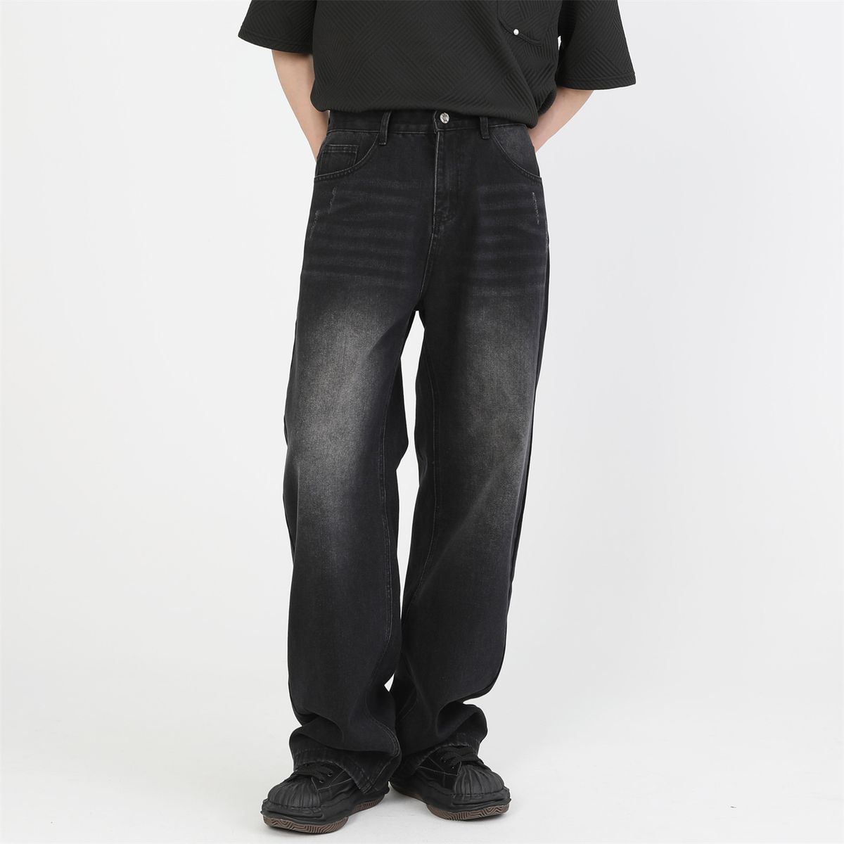 Korean Style Distressed Washed Wide Leg Jeans For Men, Loose Fit Straight Denim Pants, Retro Vintage Slimming Casual Trousers_mkmklike.com