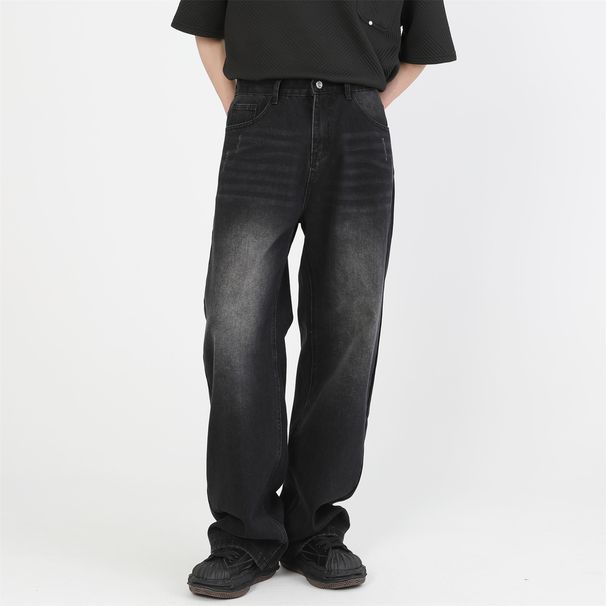 Korean Style Distressed Washed Wide Leg Jeans For Men, Loose Fit Straight Denim Pants, Retro Vintage Slimming Casual Trousers_mkmklike.com