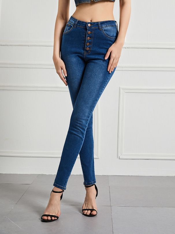 Women's Clothing Jeans Slim High Waist High Elastic Multi Button Skinny Trousers Large Size Women's Pants_mkmklike.com