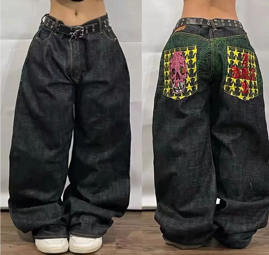 Women's Clothing High Street Personality Pattern Loose Straight Wide Leg Jeans_mkmklike.com