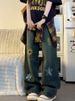 American Retro Plus-size Floral Embroidered Jeans For Women, Autumn Vintage-style Pa, Slightly Flared Straight-leg_mkmklike.com