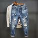 Men's Trendy Ripped Loose Straight Leg Jeans Mid Waist Cropped Korean Style Summer New Japanese Beggar Pants Standard Thickness_mkmklike.com