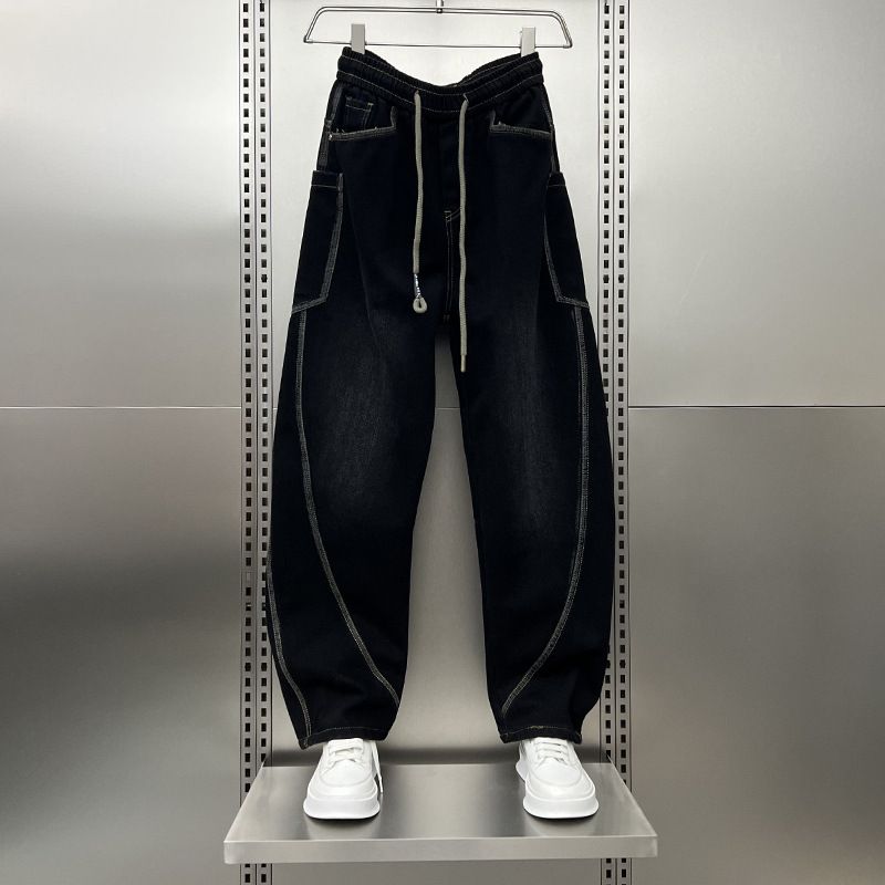 Men's Patchwork Cargo Jeans Straight Leg Loose Fit Wide Leg Long Pants American High Street Style Trendy Versatile Cool_mkmklike.com