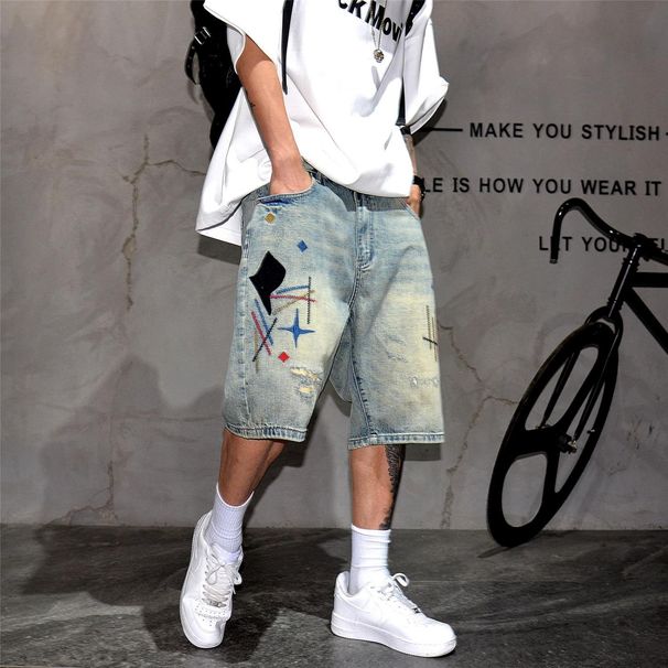 Men's Retro High Waist Denim Shorts Embroidered Distressed Straight Leg Loose Fit Casual Summer Trendy Five-Point Pants_mkmklike.com