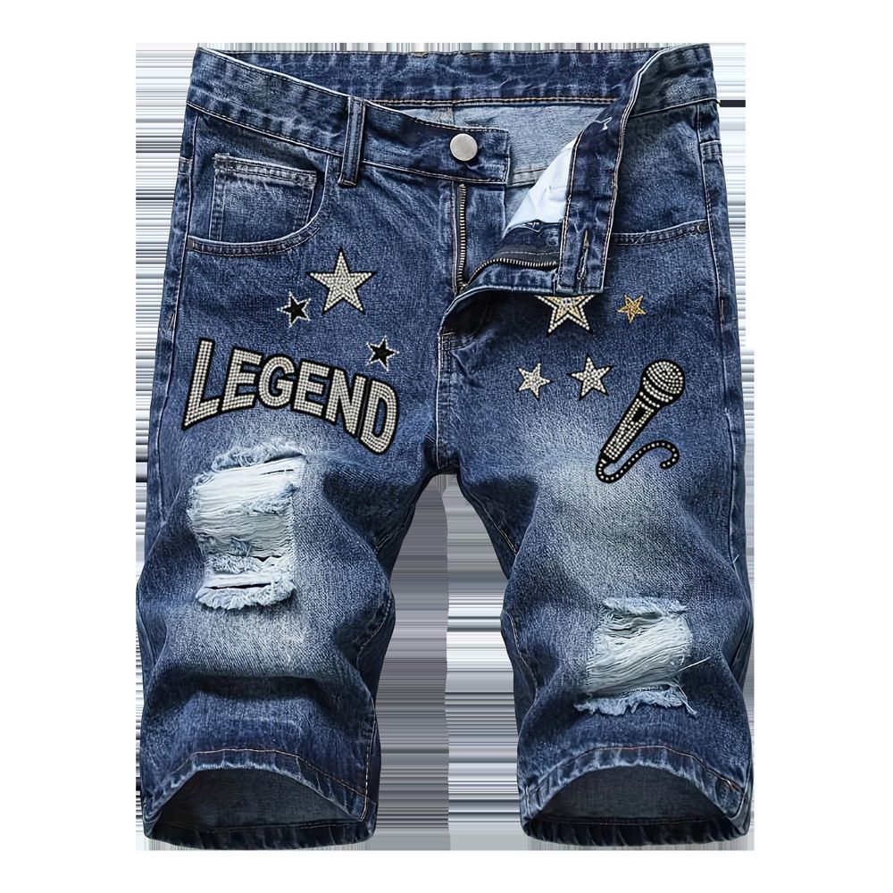 Laike Men's Rhinestone Denim Shorts Summer Style Trendy Star Washed Casual Five Point Pants_mkmklike.com