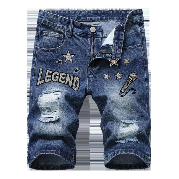Laike Men's Rhinestone Denim Shorts Summer Style Trendy Star Washed Casual Five Point Pants_mkmklike.com