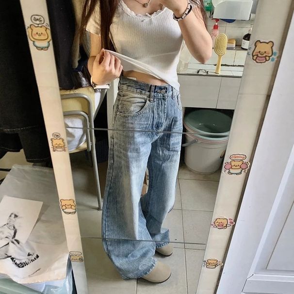Summer American Retro Washed Blue Distressed Curved Knife Jeans Women's Loose Fit Slimming Straight Leg Wide Leg Floor Length Pants_mkmklike.com