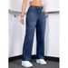 Women's Stretch Washed Denim Straight Leg Jeans With Drawstring Waist - Comfortable Casual Blue Jeans For Everyday Wear_mkmklike.com