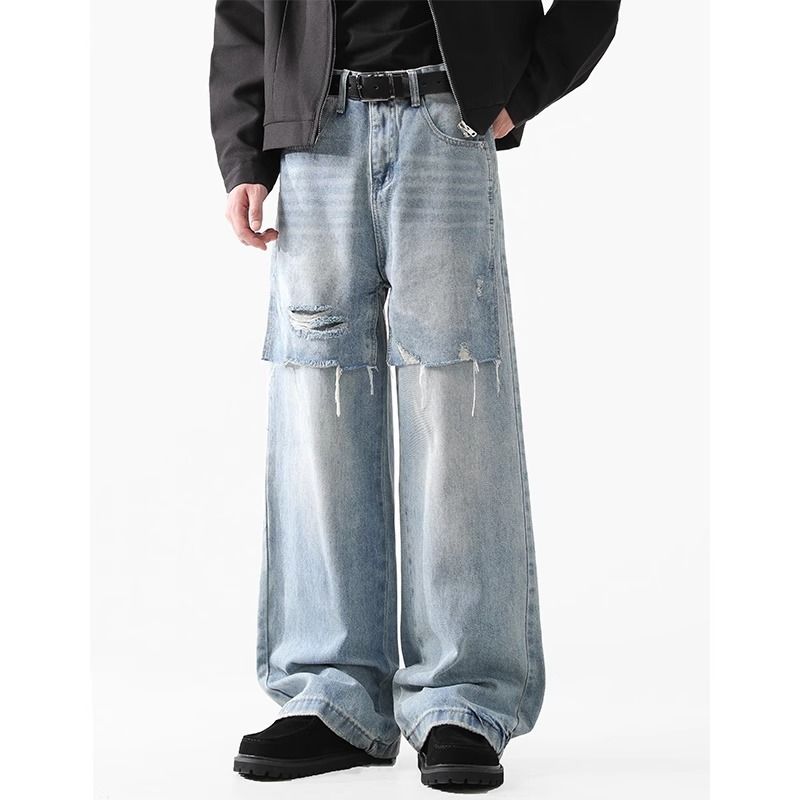 Streetwear Blue Washed Jeans For Men – Relaxed Straight Fit With Distressed Detailing & Urban Edge_mkmklike.com