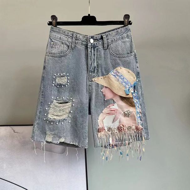 Women's Clothing New Three-Dimensional Character Blue Jeans Ripped Sequin Beaded Tassel Shorts Women's Trend_mkmklike.com