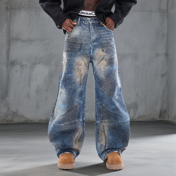 Vintage Blue Washed Relaxed Straight Leg Men's Jeans - Classic Denim With Distressed Details Versatile Styling_mkmklike.com