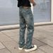 Vintage Washed Denim Jeans For Men - Relaxed Fit Straight Leg Casual Trousers With High Street Aesthetic, Light Blue_mkmklike.com