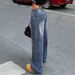Blue Leopard Print Wide Leg Jeans High Waisted Loose Fitting Floor Length Retro American Style Women's Denim Pants_mkmklike.com