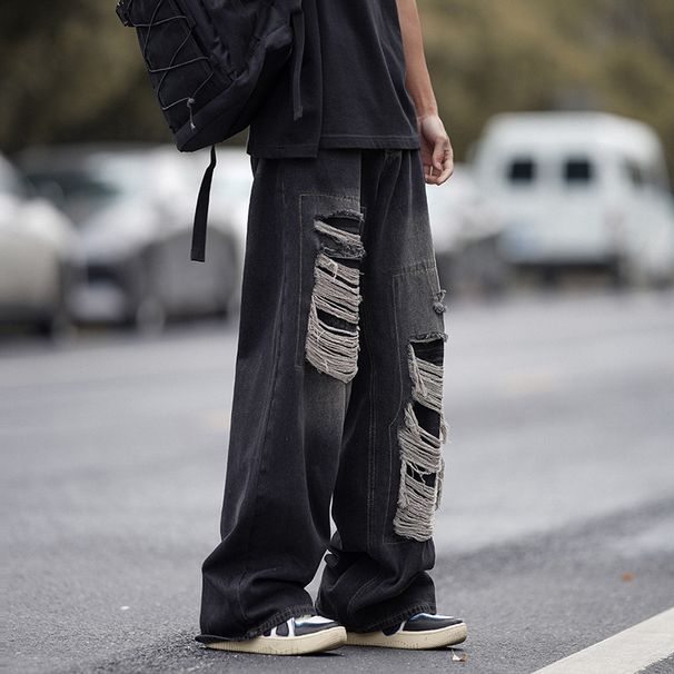 American Retro Ripped Jeans Men's Spring And Autumn Washed Old Loose Wide-leg Straight Mopping Tide High Street Pants_mkmklike.com