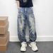 Men's Clothing Men's Heavy Style Distressed Zipper Wide Leg Jeans Multi Pocket Loose Straight Leg Drape Motorcycle Niche For Formal & Casual_mkmklike.com