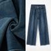 Women's Fleece-lined Thickened Jeans, High-waisted, Warm For Winter, American Style, Smoky Blue, Slim-fit Wide-leg Pants_mkmklike.com